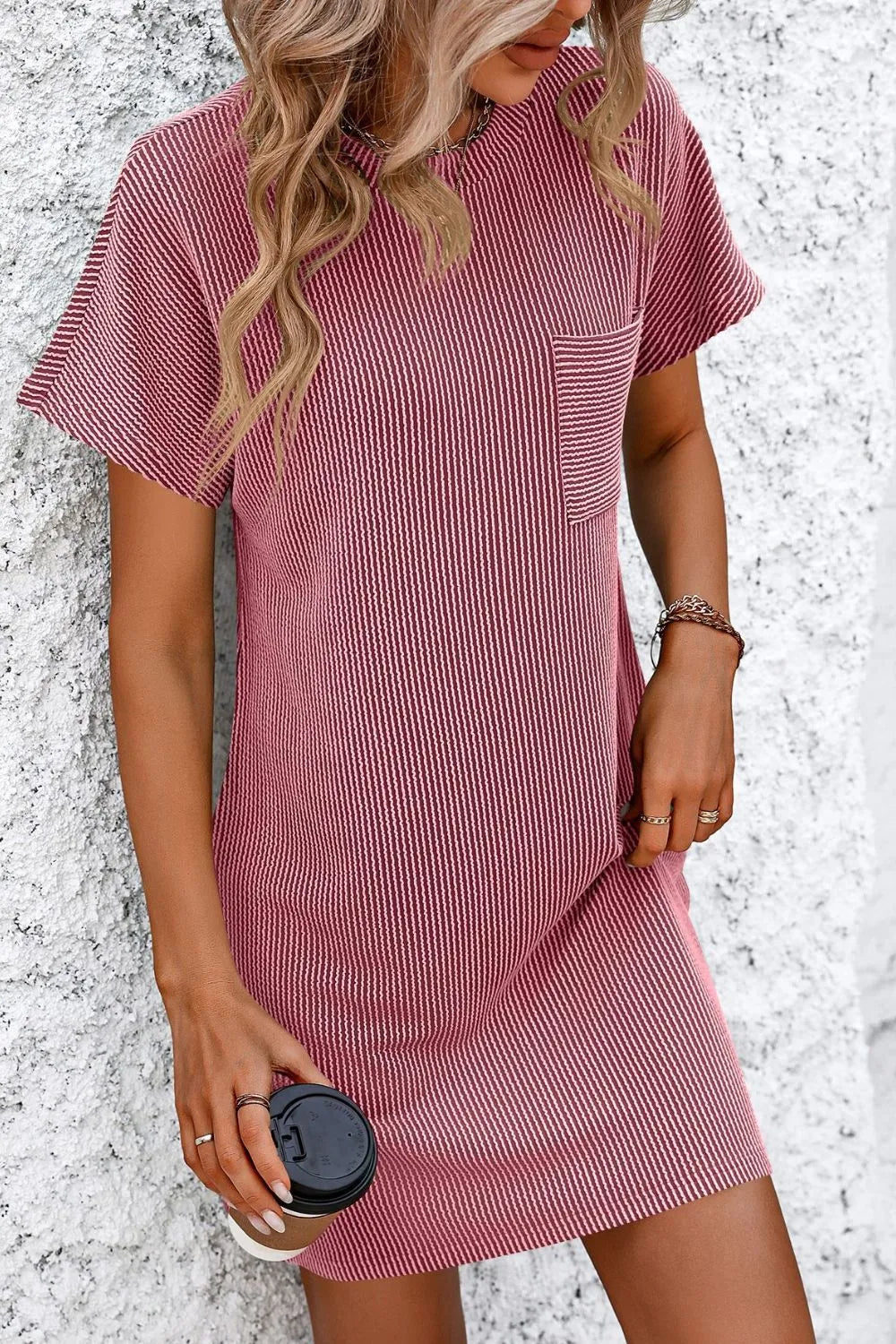 Mandy Ribbed Striped Short Sleeve Mini Tee Dress Deep Rose Fitggins