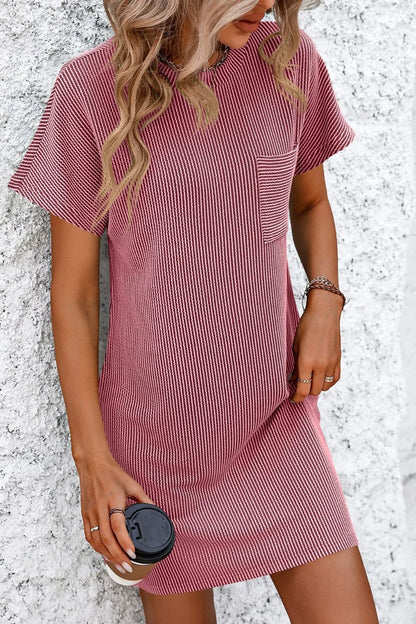 Mandy Ribbed Striped Short Sleeve Mini Tee Dress Deep Rose Fitggins