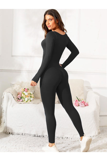 Scoop Neck Long Sleeve Active Jumpsuit - Active Set - FITGGINS