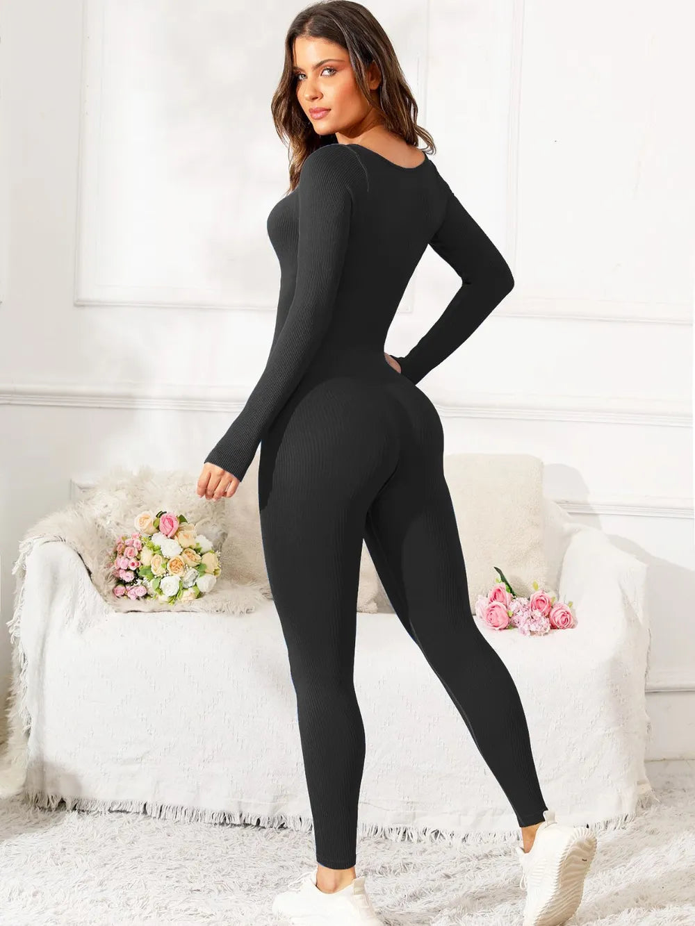 Scoop Neck Long Sleeve Active Jumpsuit Fitggins