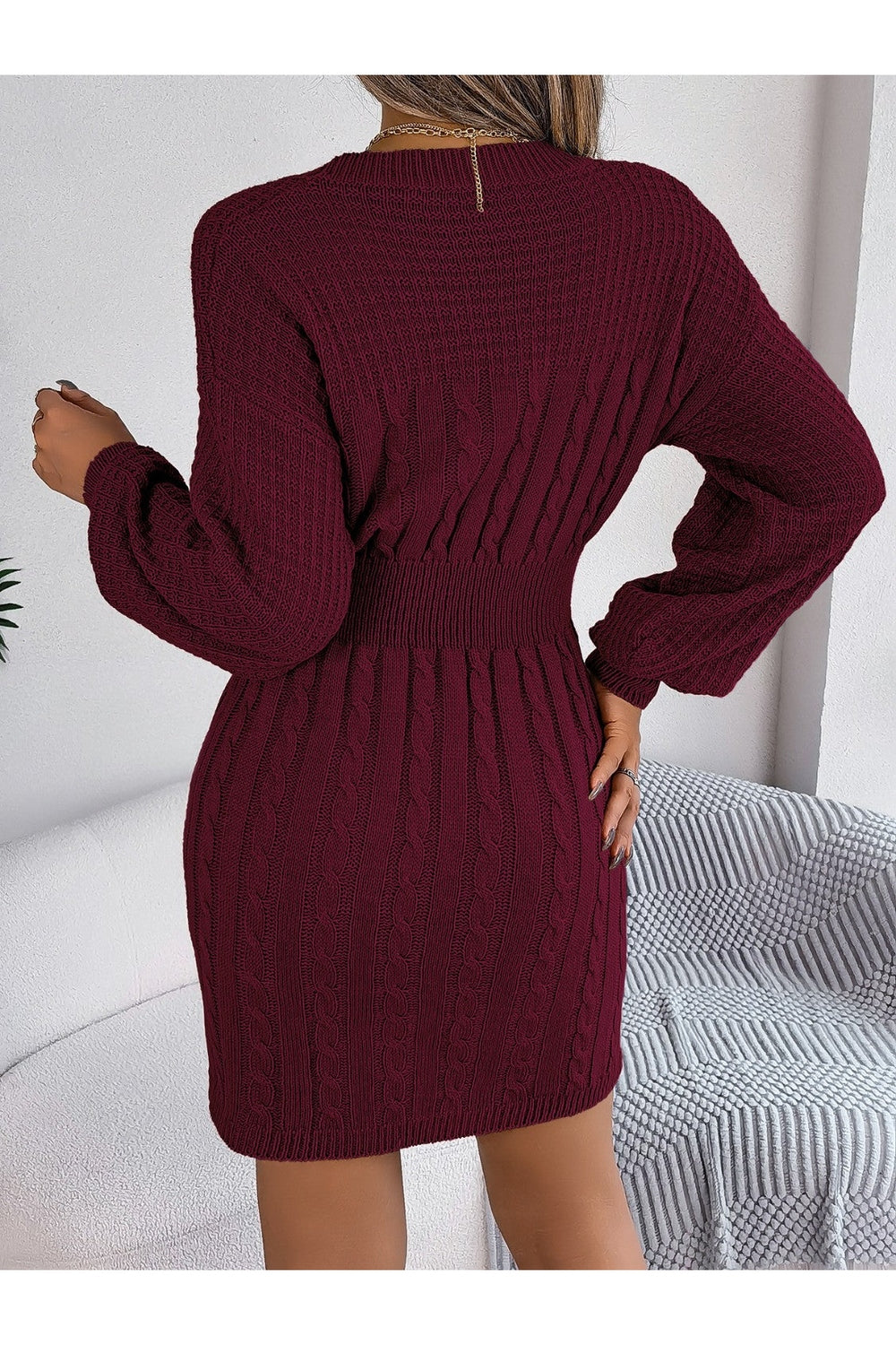 Cable-Knit Cutout Round Neck Slit Sweater Dress - Sweater Dresses - FITGGINS