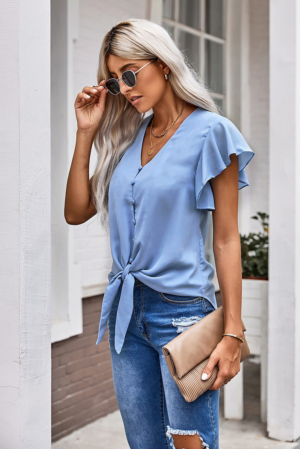V-Neck Tie Hem Flutter Sleeve Blouse Fitggins