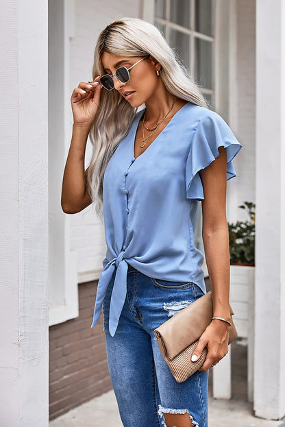 V-Neck Tie Hem Flutter Sleeve Blouse Fitggins
