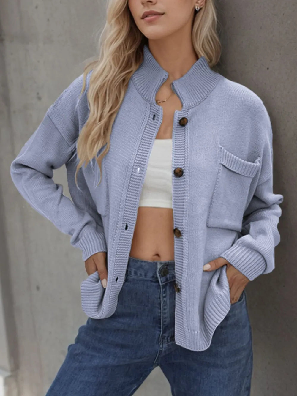 Button Up Long Sleeve Cardigan Light Blue Fitggins