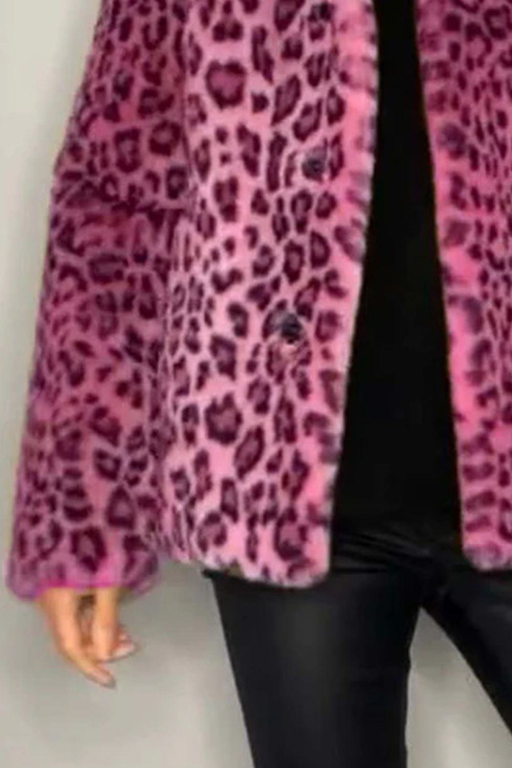 Full Size Leopard Furry Collared Neck Long Sleeve Coat - Jackets - FITGGINS