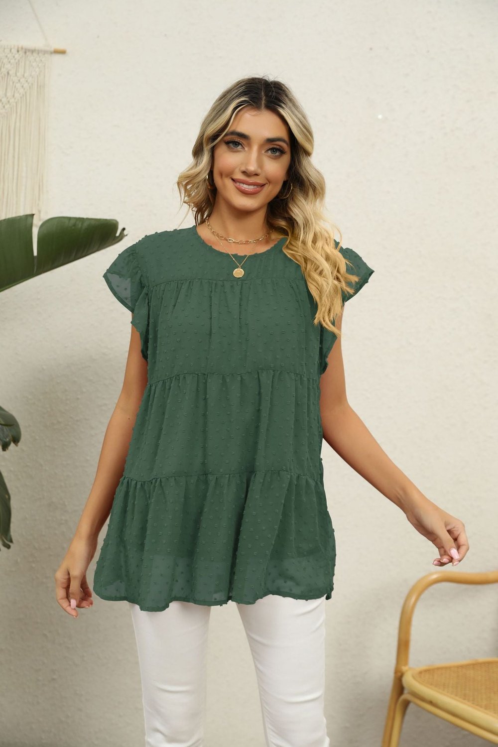 Swiss Dot Round Neck Tiered Blouse - T-Shirts - FITGGINS