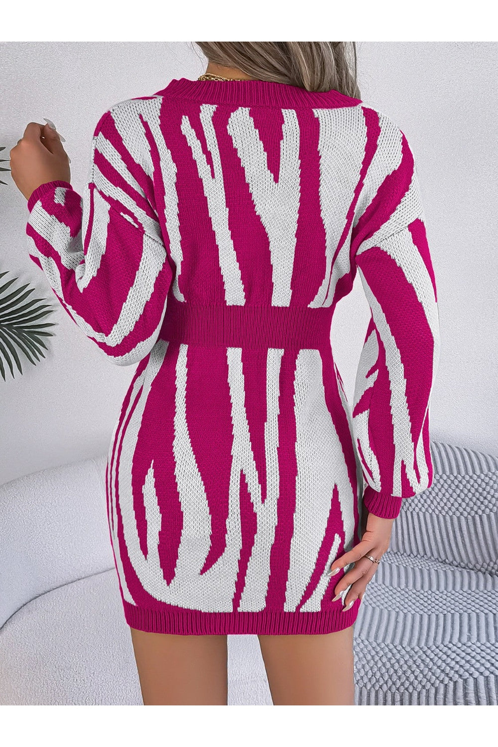 Animal Print V-Neck Long Sleeve Sweater Dress - Sweater Dresses - FITGGINS