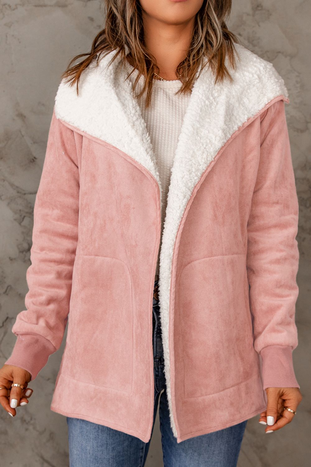 Open Front Long Sleeve Sherpa Jacket - Jackets - FITGGINS