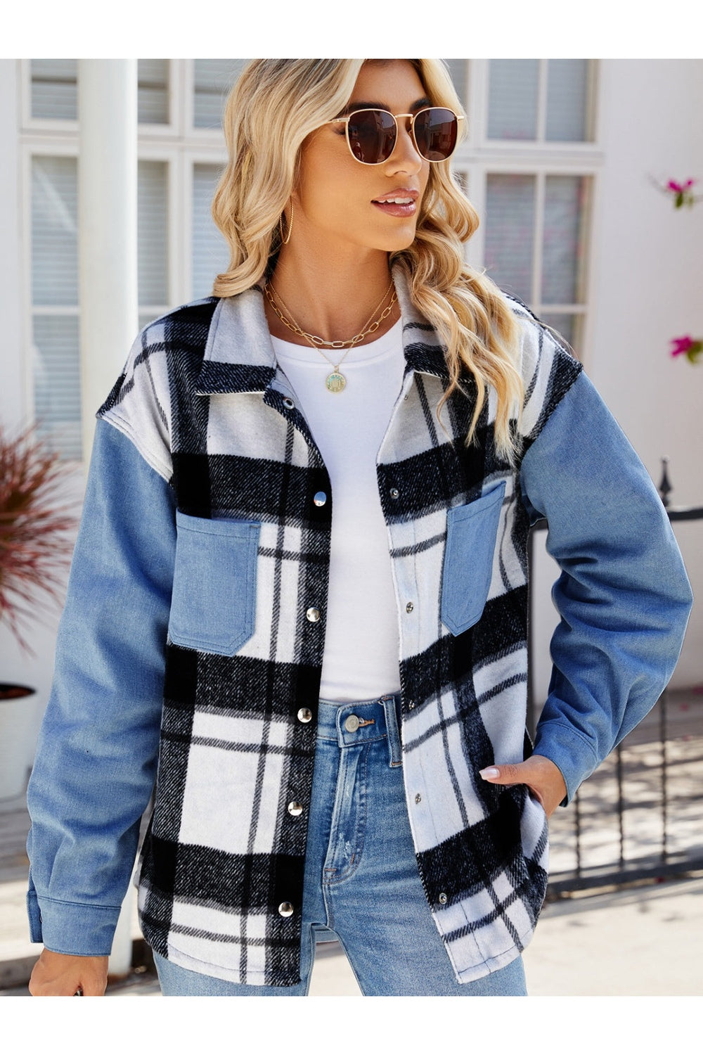 Pocketed Plaid Snap Down Denim Jacket - Denim Jackets - FITGGINS