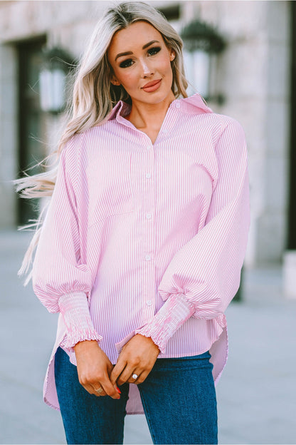 Striped Lantern Sleeve Collared Shirt - Shirts - FITGGINS