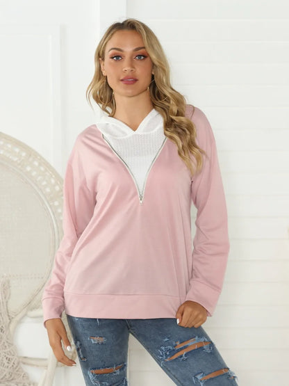 Shiny Contrast Zip Detail Hoodie Blush Pink Fitggins
