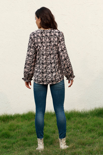 Floral Flounce Sleeve Round Neck Blouse - Blouses - FITGGINS