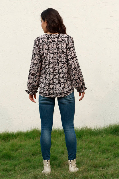 Floral Flounce Sleeve Round Neck Blouse Fitggins