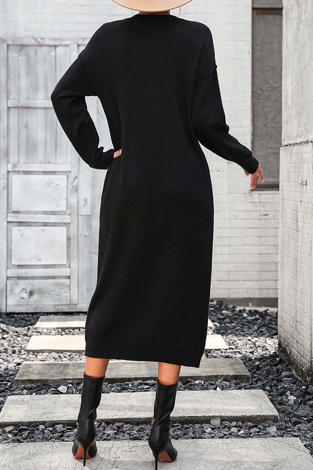 Decorative Button Notched Dropped Shoulder Sweater Dress - Sweater Dresses - FITGGINS