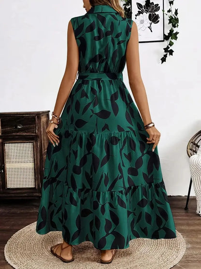 Printed Tie Waist Sleeveless Maxi Dress Fitggins