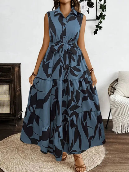 Printed Tie Waist Sleeveless Maxi Dress Fitggins