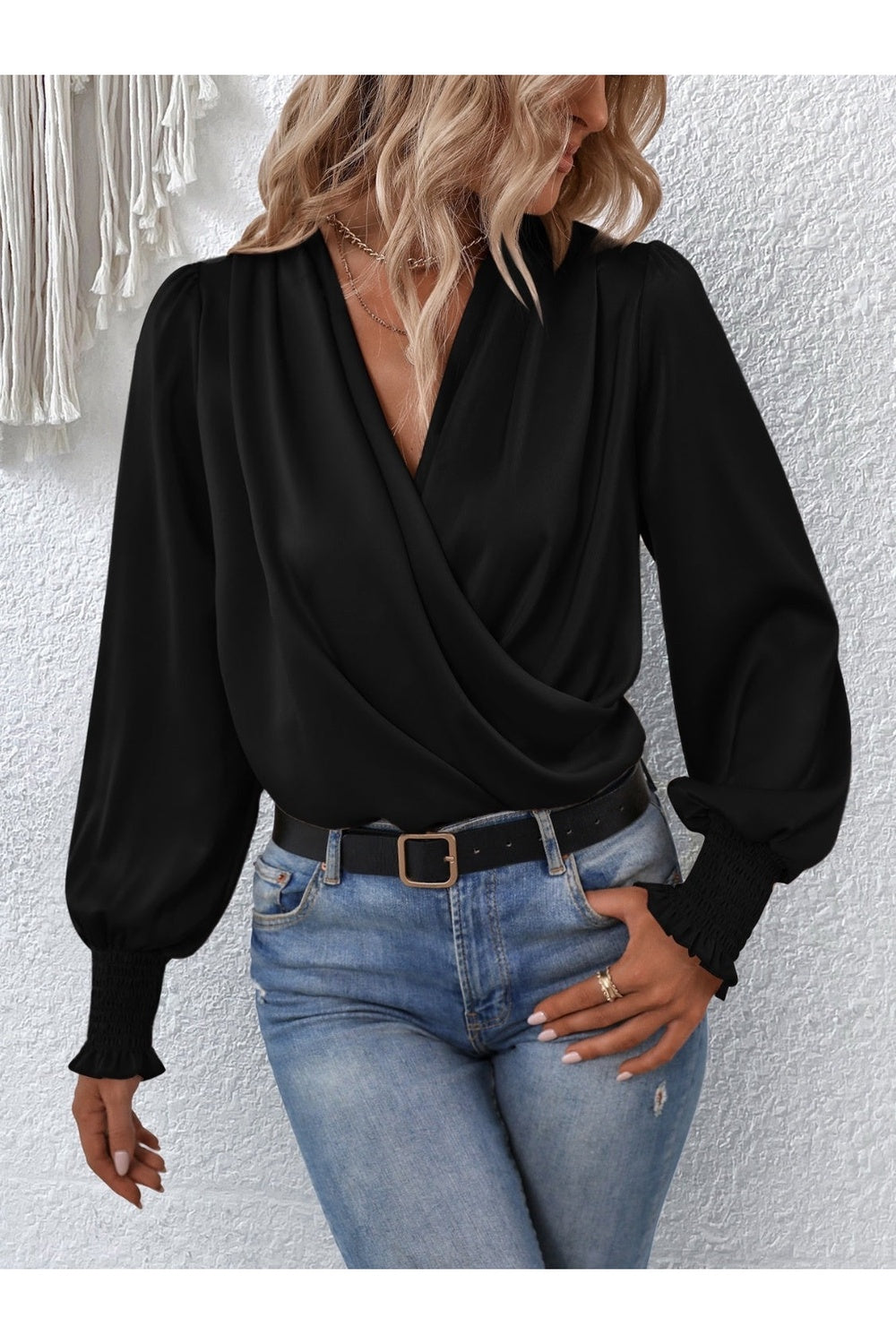 Surplice Smocked Lantern Sleeve Blouse - Blouses - FITGGINS