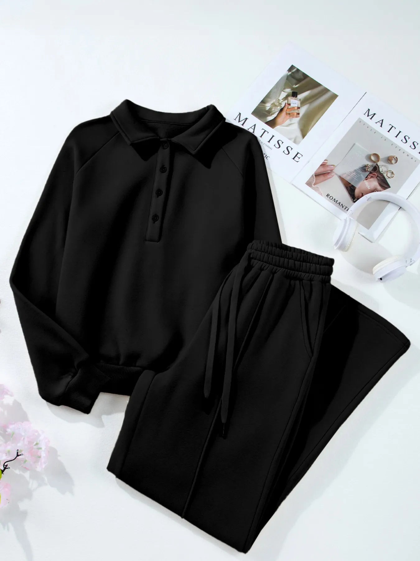 Collared Sweatshirt and High Waist Pants Active Set Fitggins