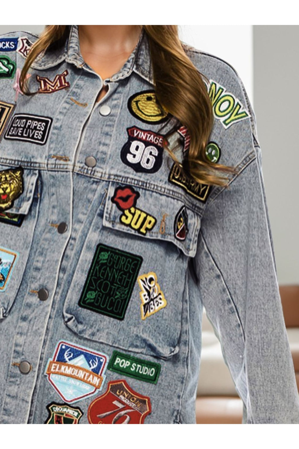 Embroidered Patch Button Up Long Sleeve Denim Jacket - Denim Jackets - FITGGINS