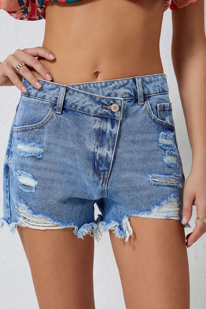High Rise Crossover Waist Denim Shorts Light Blue Fitggins