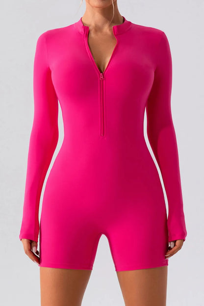 Half Zip Long Sleeve Active Romper Hot Pink Fitggins