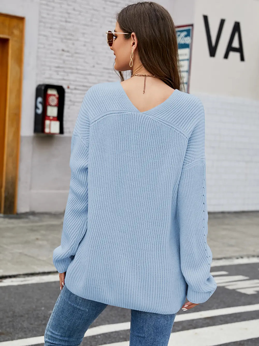 Openwork Dropped Shoulder Long Sleeve Sweater Fitggins