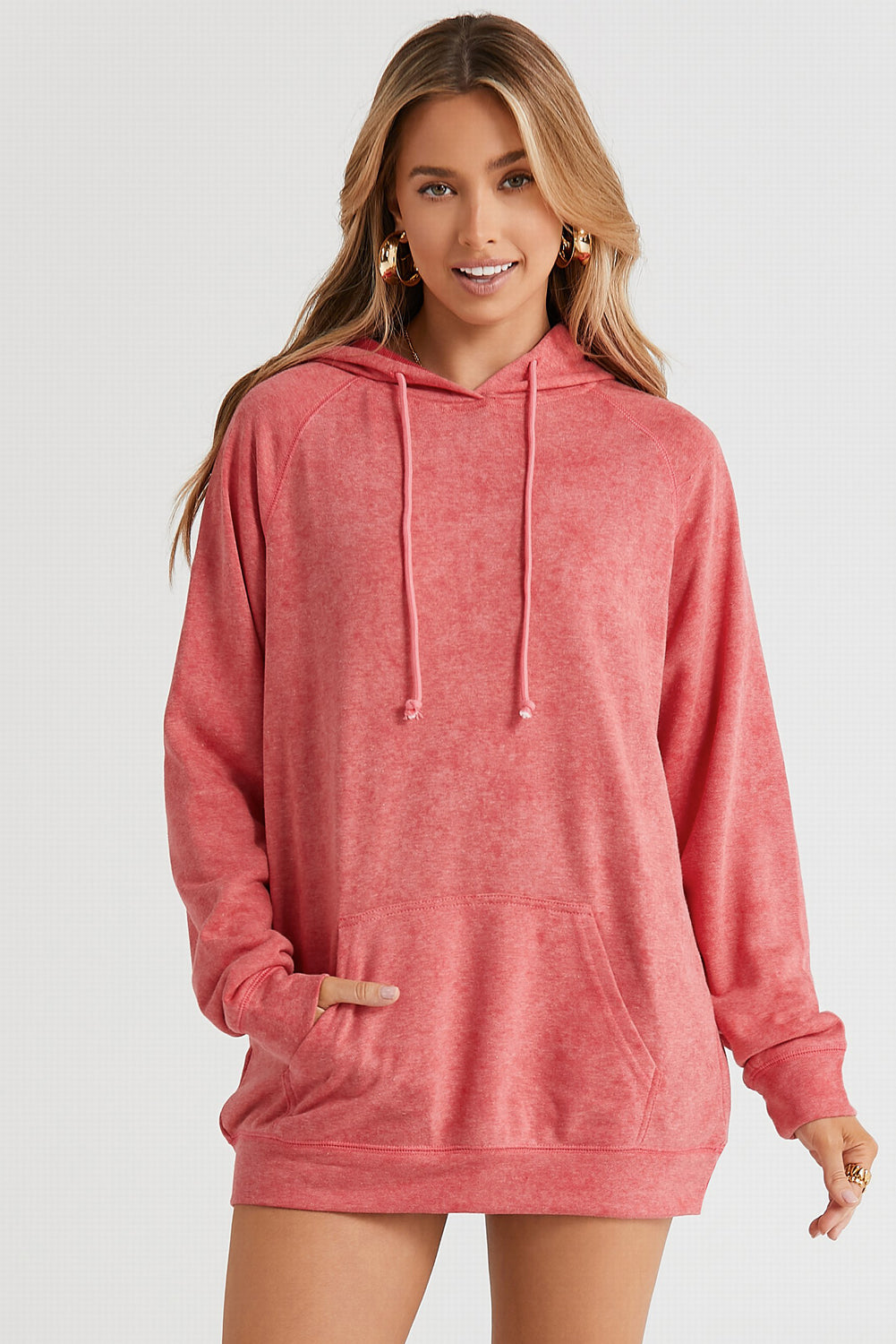 Long Sleeve Front Pocket Hoodie Coral Fitggins