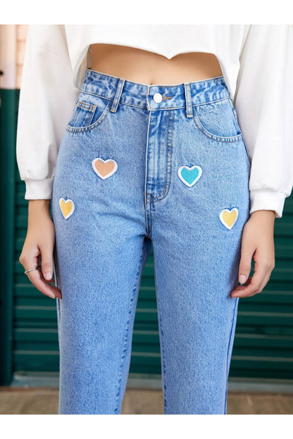 Heart Straight Leg Jeans with Pockets - Jeans - FITGGINS