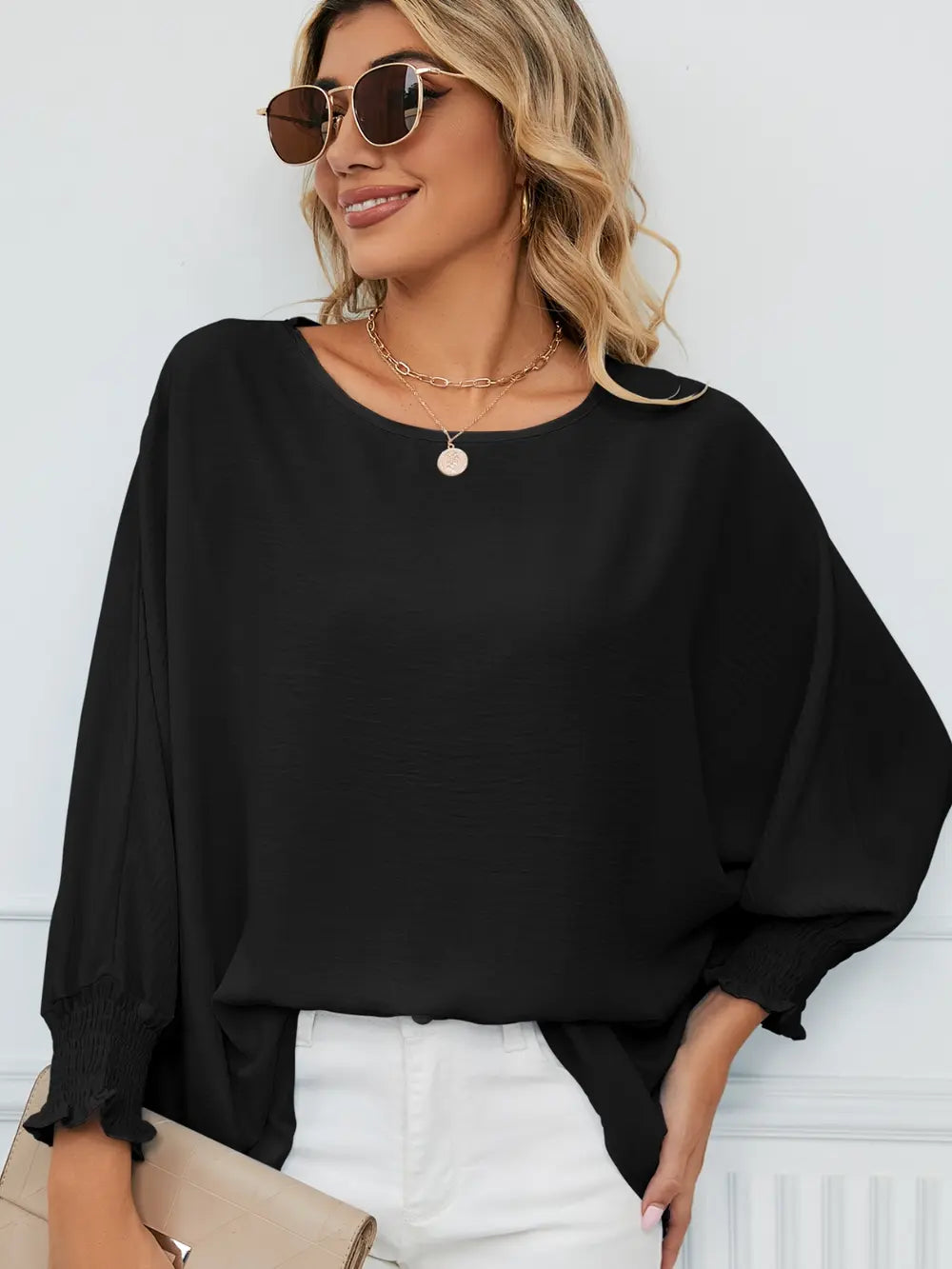 Smocked Lantern Sleeve Round Neck Blouse Fitggins