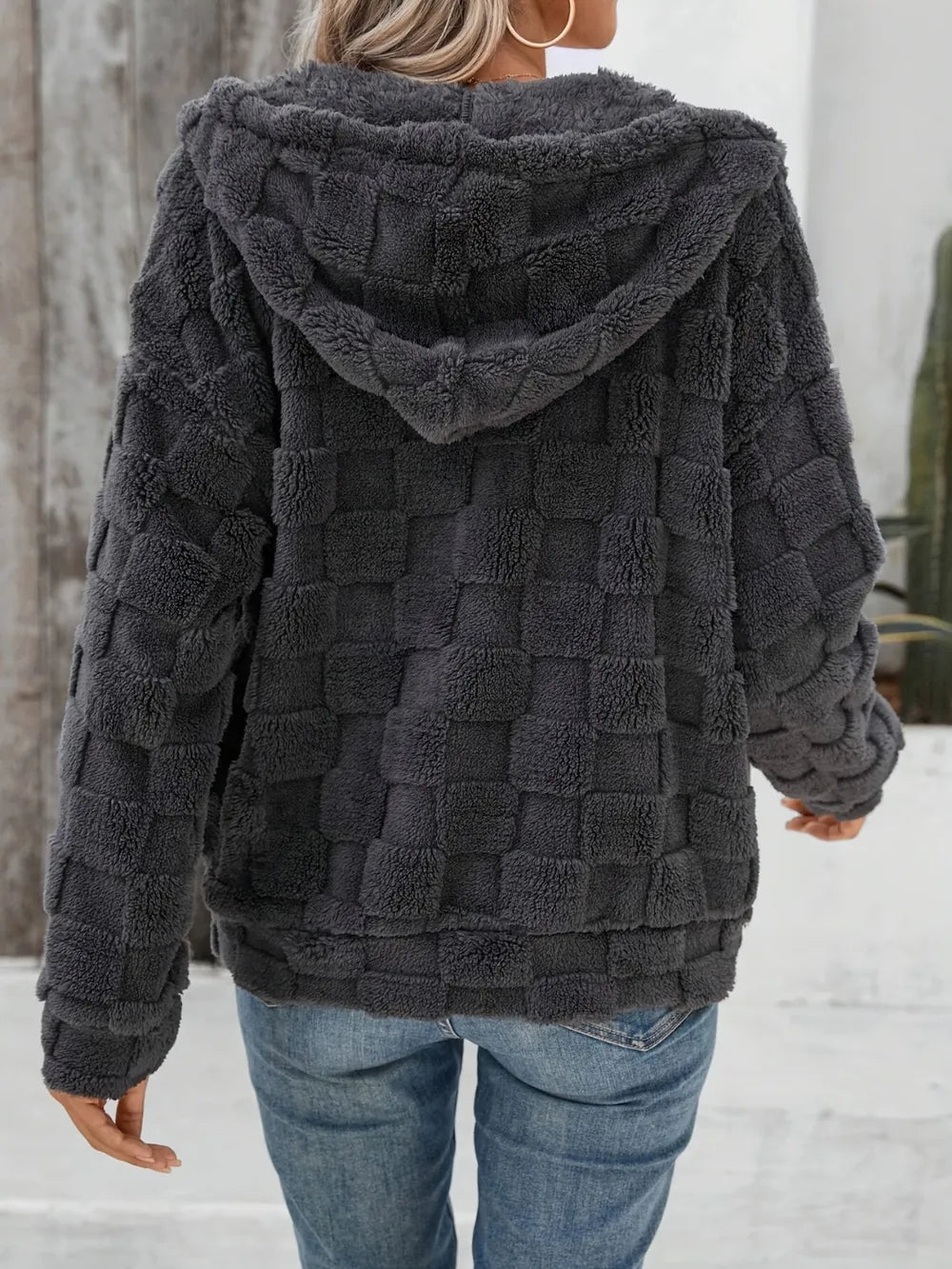 Checkered Texture Zip Up Drawstring Fuzzy Jacket Fitggins