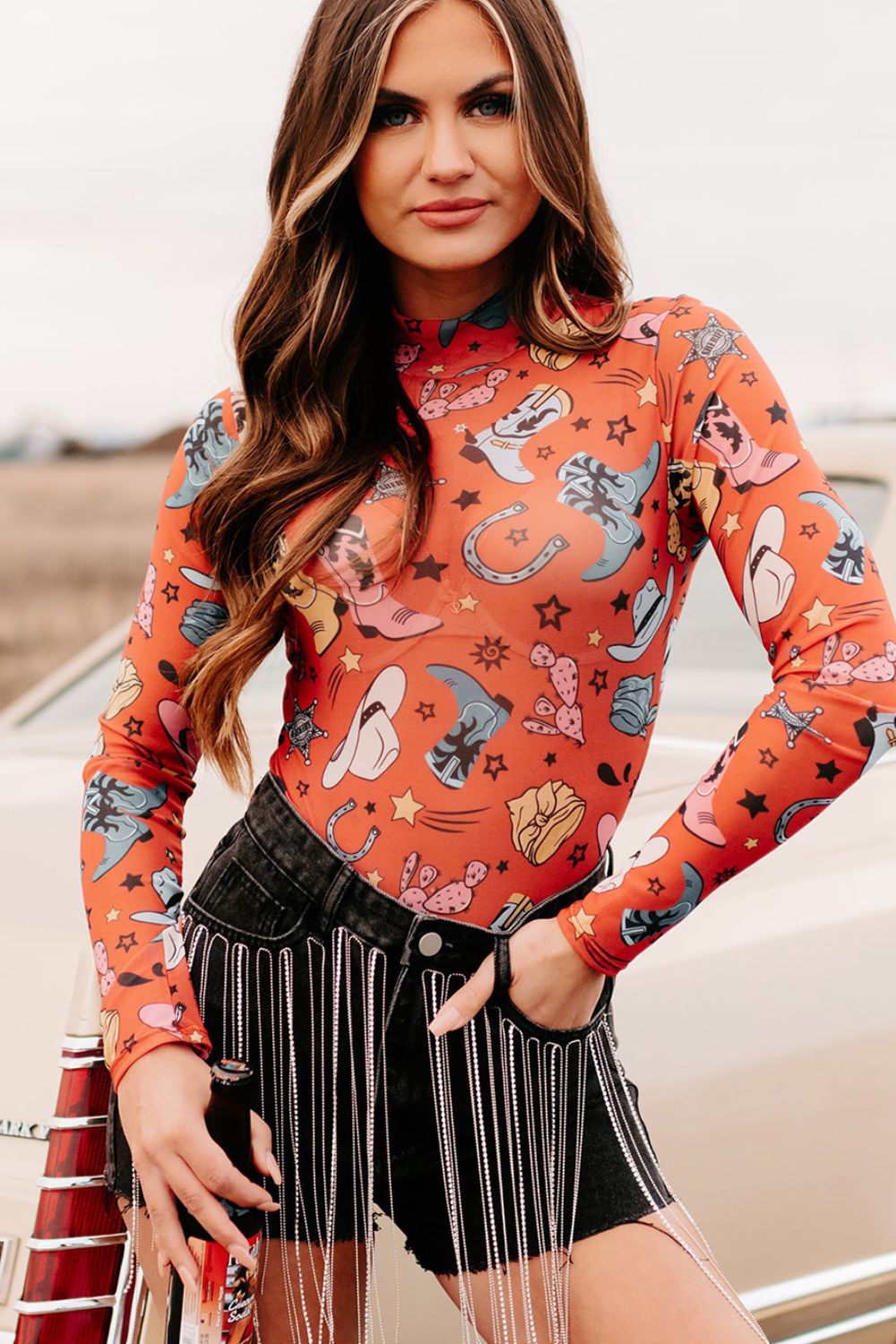 Printed Mock Neck Long Sleeve Bodysuit - Bodysuit - FITGGINS