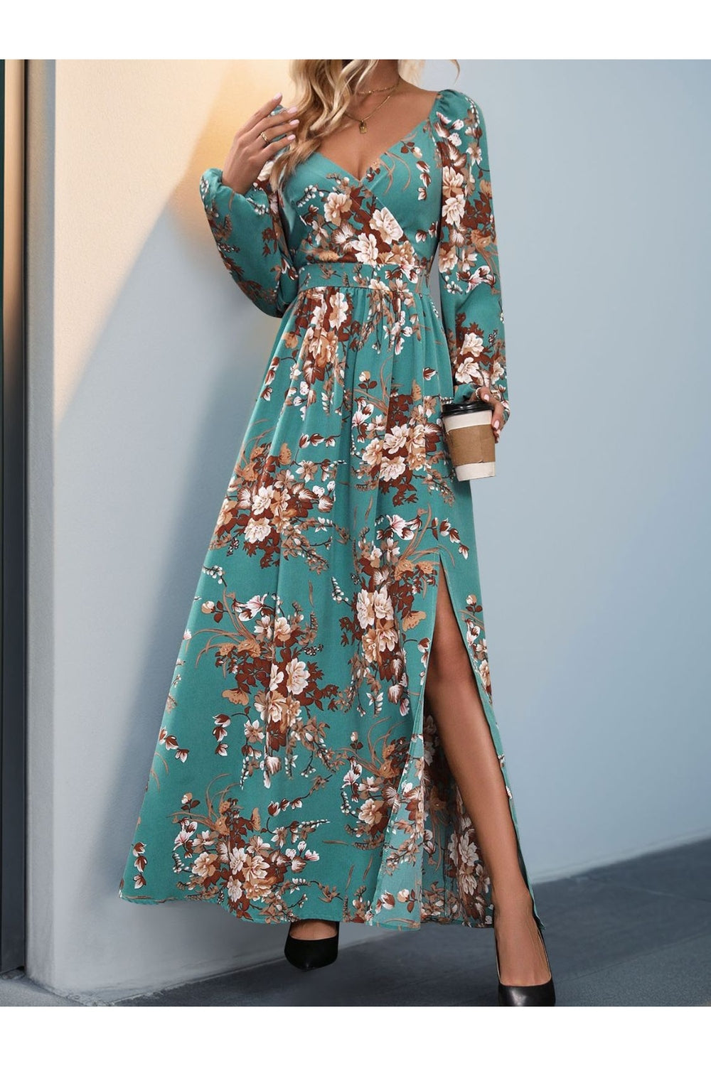 Perfee Slit Printed Surplice Long Sleeve Maxi Dress - Casual & Maxi Dresses - FITGGINS