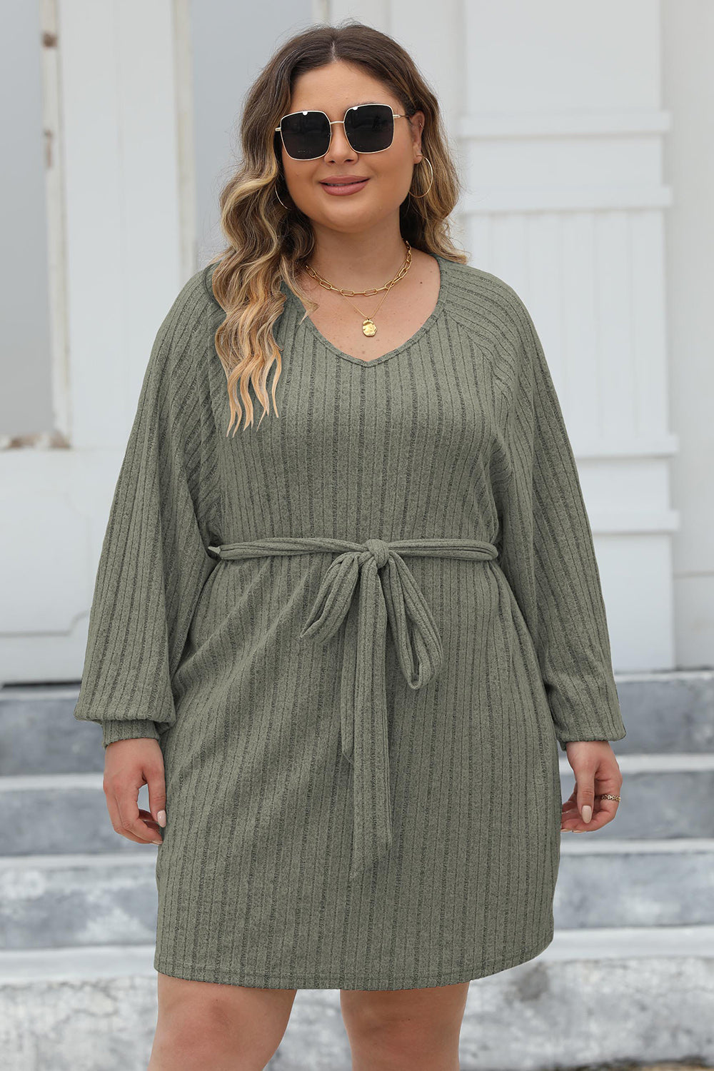 Plus Size Ribbed Tie Front Long Sleeve Sweater Dress - Sweater Dresses - FITGGINS