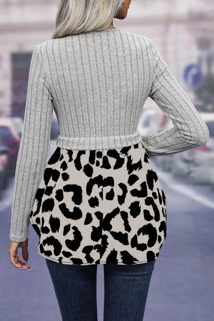 Ivy Lane Leopard Peplum Round Neck Blouse Fitggins