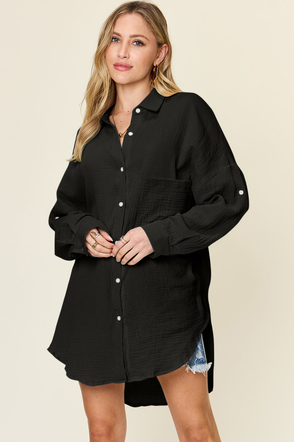 Double Take Full Size Pocketed Texture Button Up Shirt - Shirts - FITGGINS