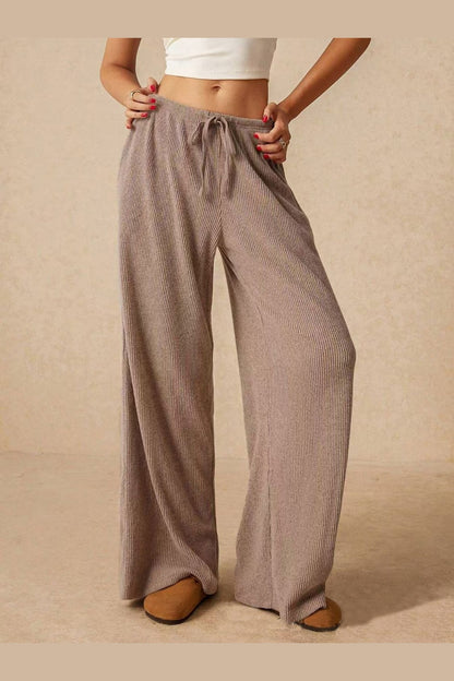 Ribbed Drawstring Wide Leg Pants - Pants - FITGGINS