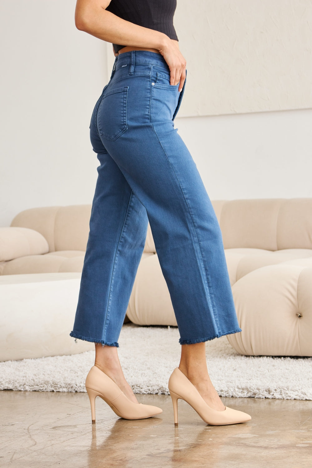 RFM Crop Chloe Full Size Tummy Control High Waist Raw Hem Jeans - Jeans - FITGGINS