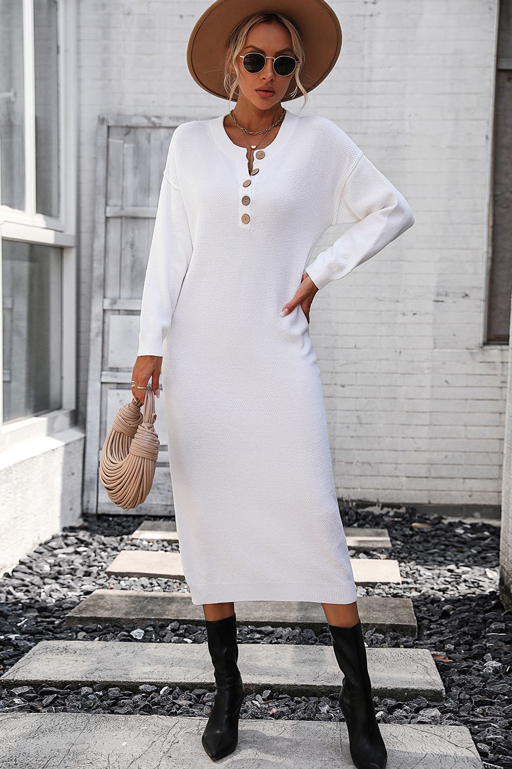 Decorative Button Notched Dropped Shoulder Sweater Dress - Sweater Dresses - FITGGINS