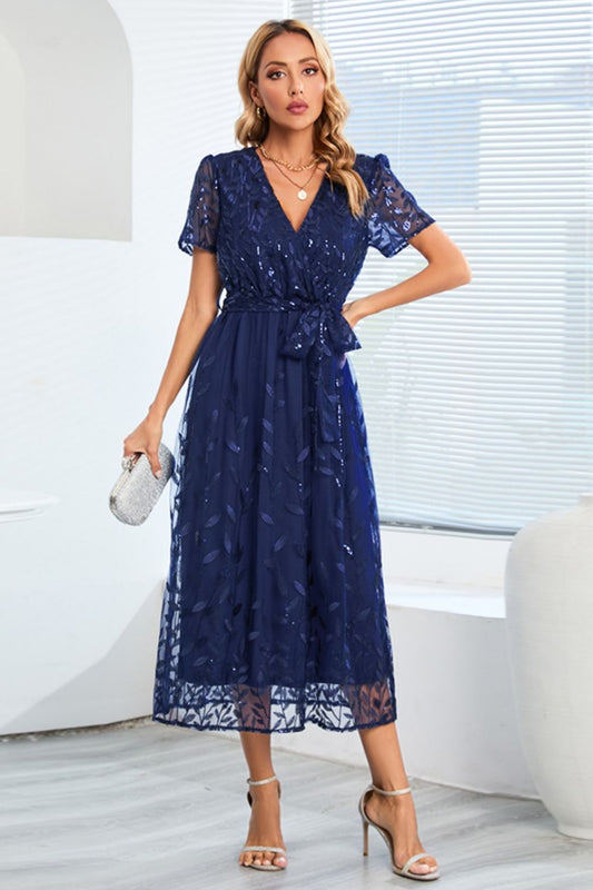 Sequin Leaf Embroidery Tie Front Short Sleeve Dress - Cocktail Dresses - FITGGINS