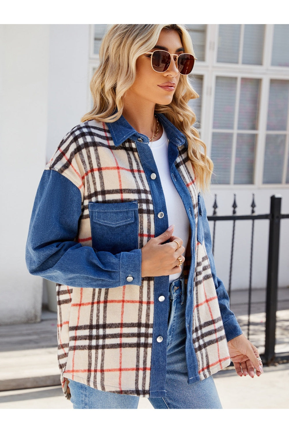 Plaid Long Sleeve Denim Jacket - Denim Jackets - FITGGINS