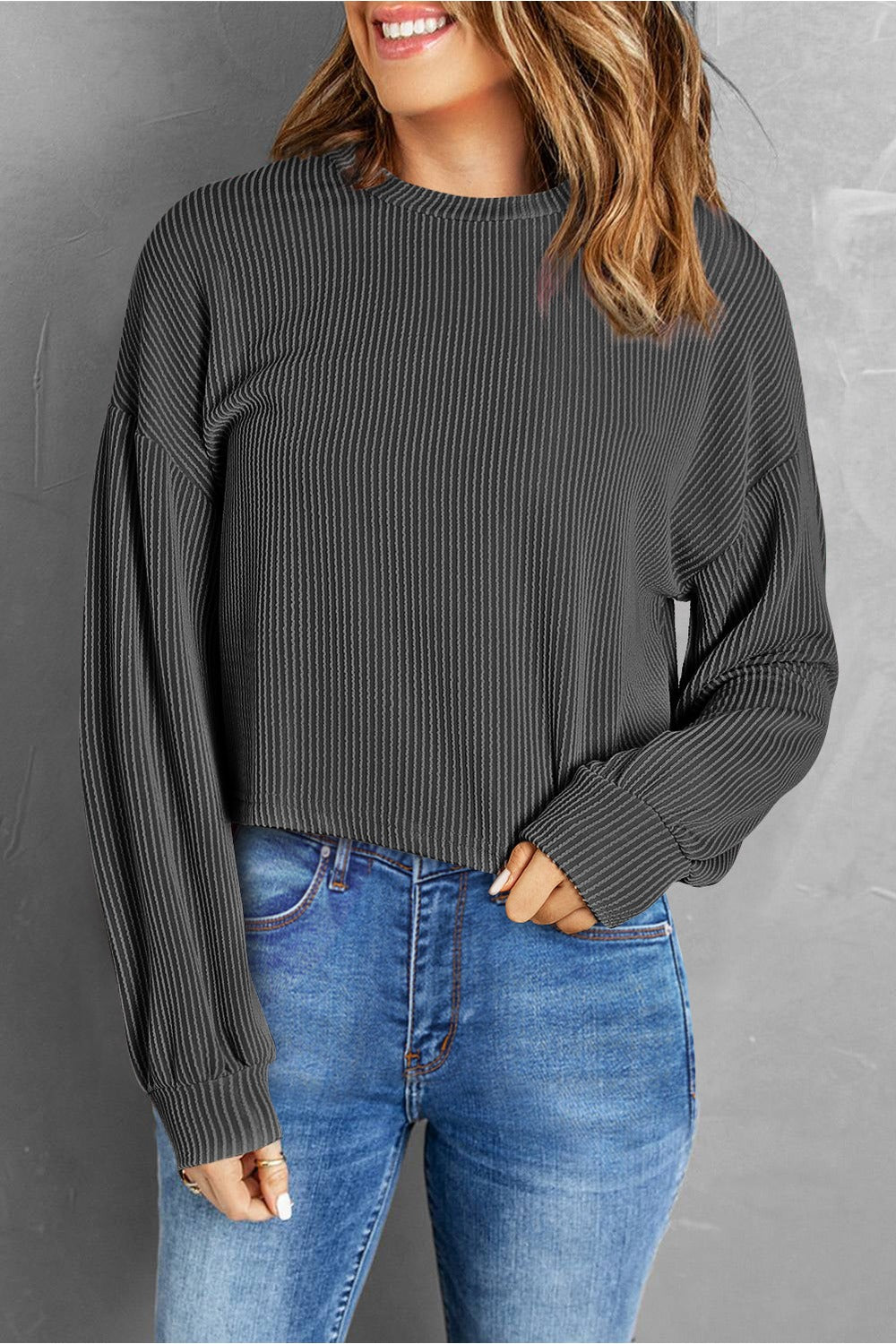 Round Neck Drop Shoulder Long Sleeve Top - Blouses - FITGGINS