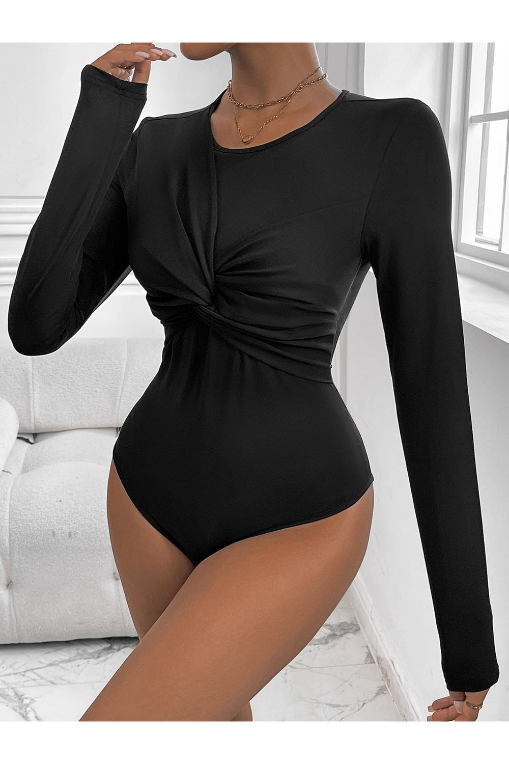 Perfee Twisted Round Neck Long Sleeve Bodysuit