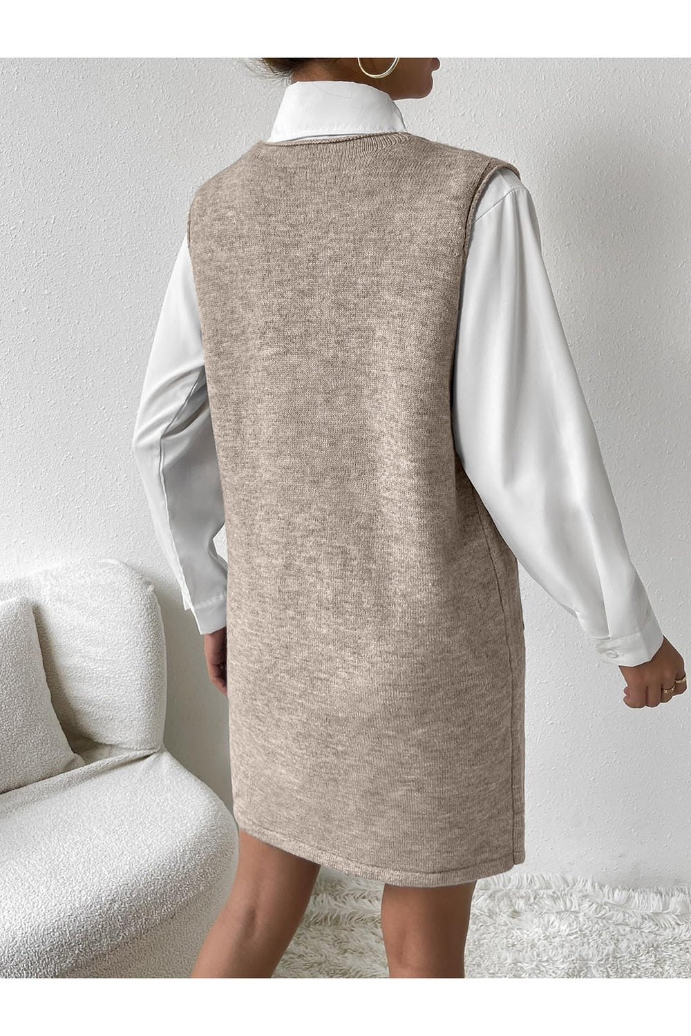 V-Neck Sleeveless Sweater Dress with Pockets - Sweater Dresses - FITGGINS