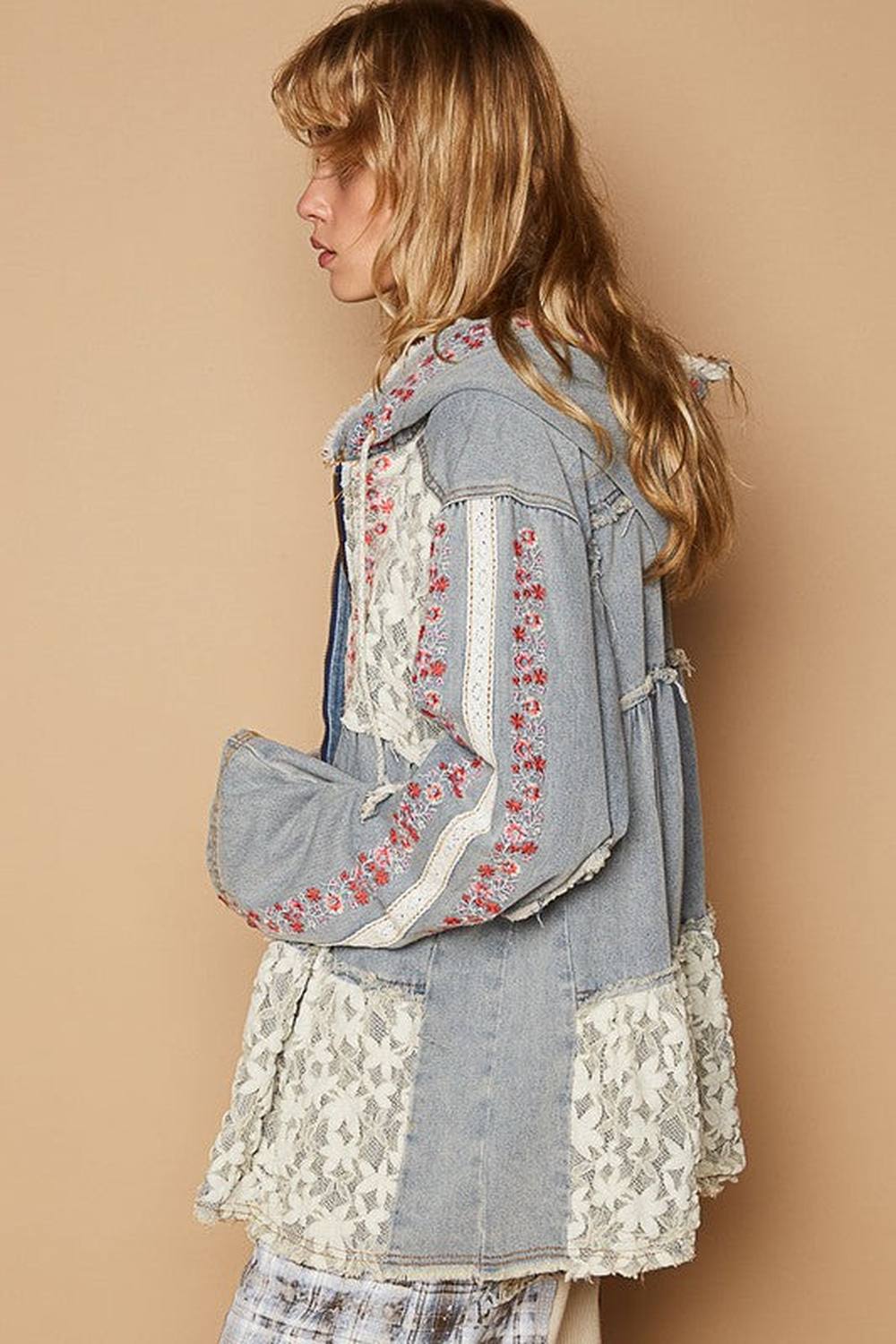 POL Embroidered Lace Patch Zip Up Hooded Jacket - Jackets - FITGGINS