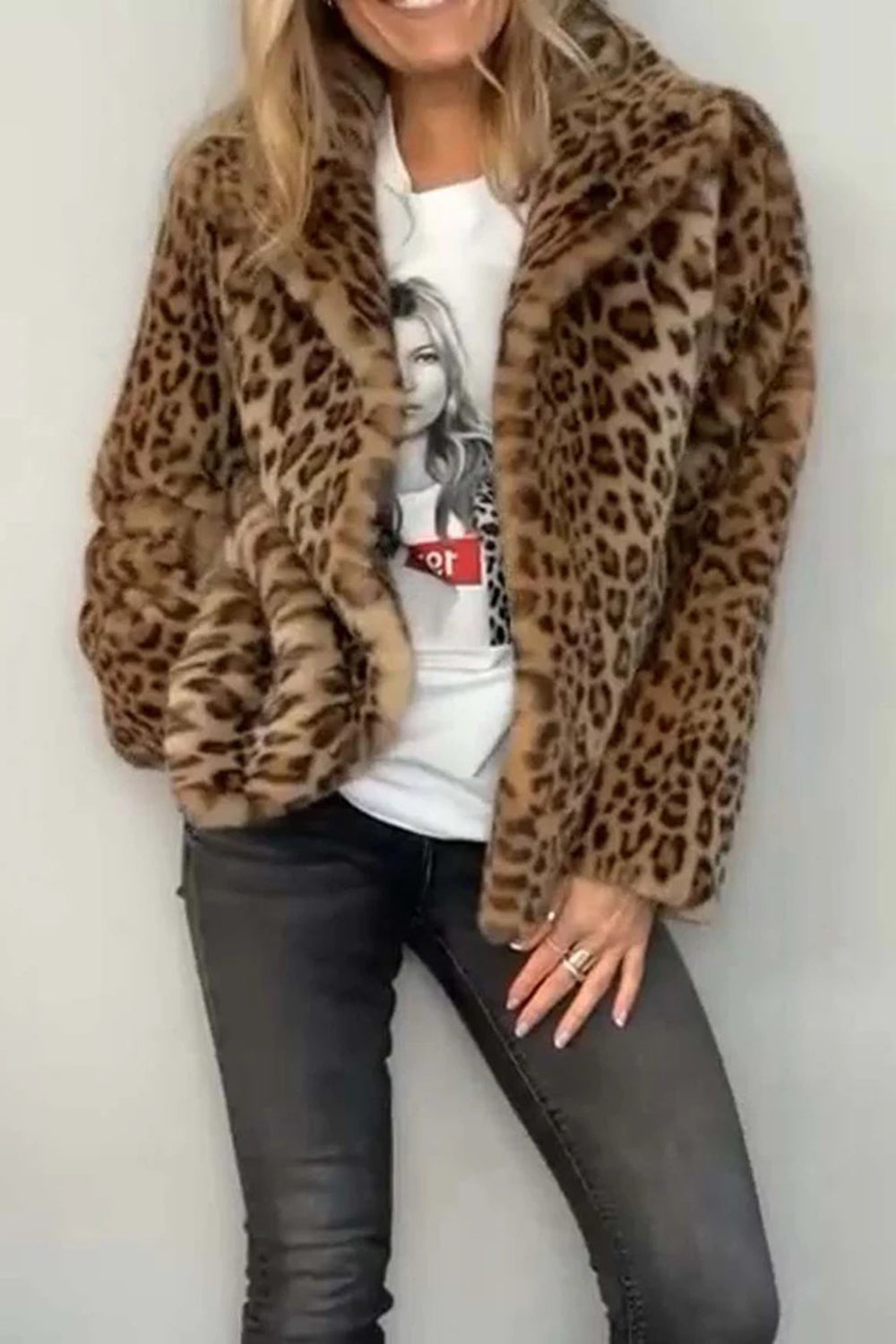 Full Size Leopard Furry Collared Neck Long Sleeve Coat - Jackets - FITGGINS