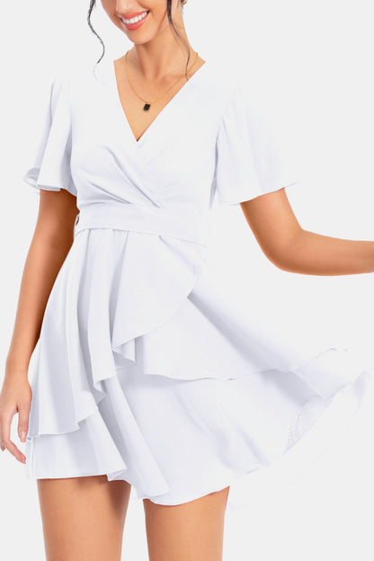 Surplice Neck Flutter Sleeve Dress - Casual & Maxi Dresses - FITGGINS