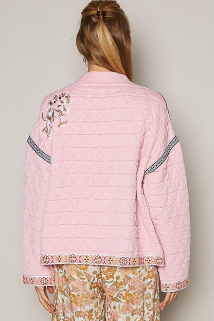 POL Embroidered Open Front Long Sleeve Jacket - Jackets - FITGGINS