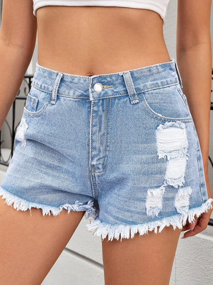 Distressed Raw Hem Denim Shorts Light Blue Fitggins