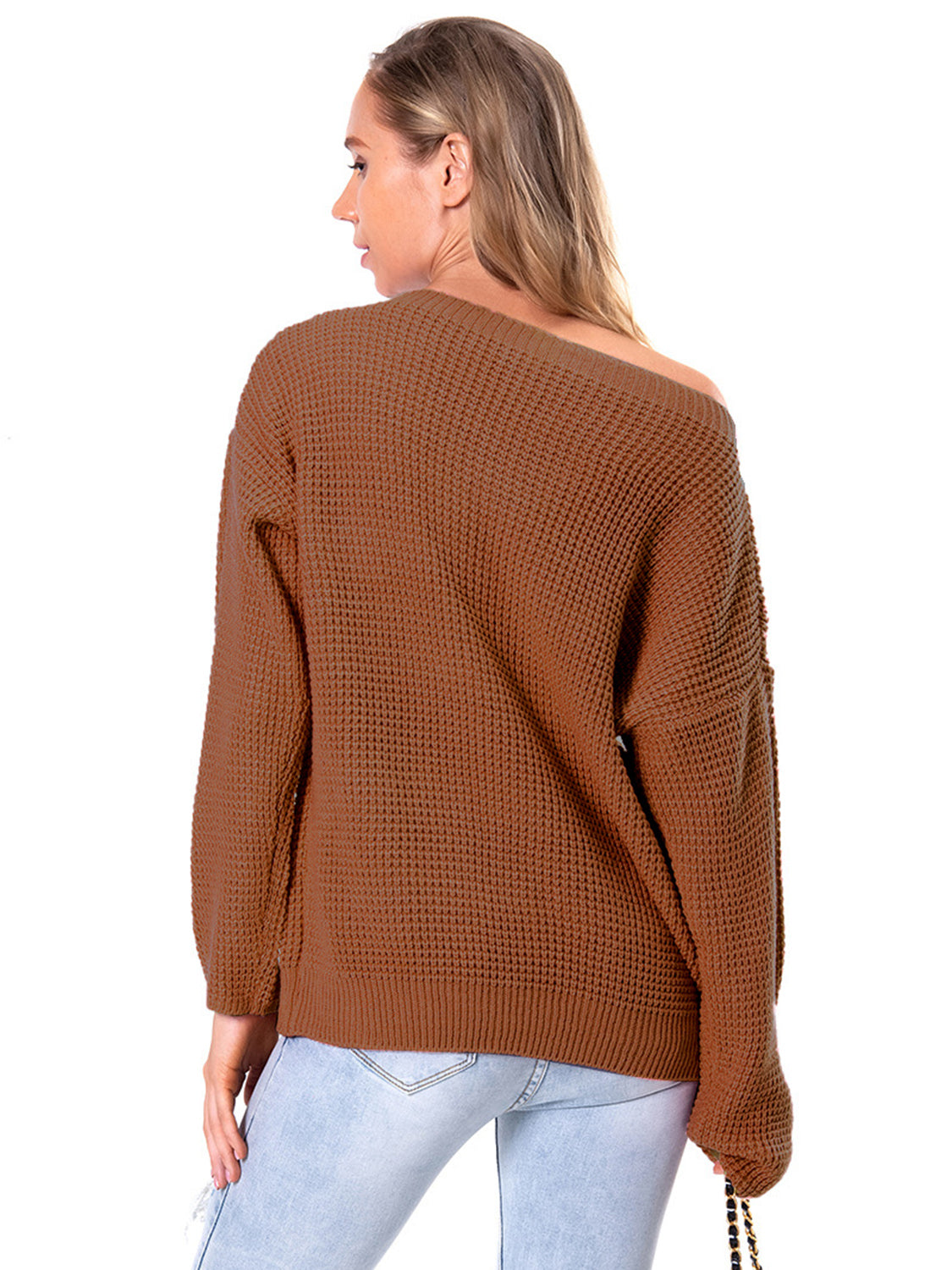 Boat Neck Drop Shoulder Long Sleeve Sweater Fitggins
