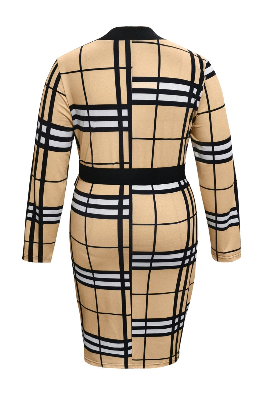 Plus Size Plaid V-Neck Long Sleeve Wrap Dress - - FITGGINS